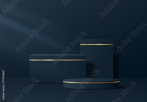 Realistic 3D dark blue cylinder podium background with set of steps luxury cube pedestal scene. Minimal scene mockup product stage showcase, Cosmetic banner promotion display. Abstract empty platforms