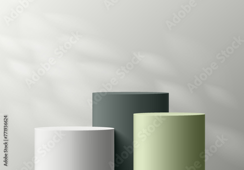 Realistic 3D green, black and white podium pedestal background with natural leaf light scene. Minimal scene mockup product stage showcase, Banner cosmetic promotion display. Abstract vector platforms.