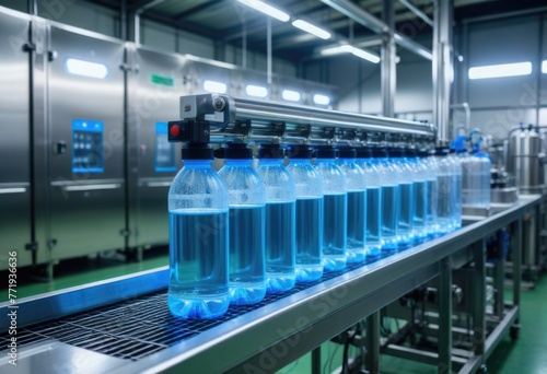 The drink water factory utilizes a UV light disinfection and sterilization system on the production line to clean drinking water bottles and tanks