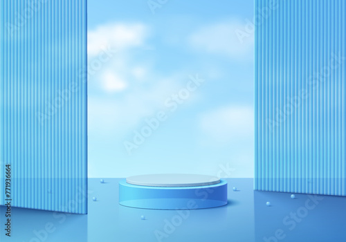 Realistic 3D blue crystal glass cylinder podium background with vertical partition and blue sky. Minimal scene mockup product stage showcase, Banner promotion display. Abstract vector geometric forms.