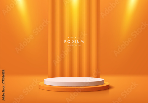 Realistic 3D orange cylinder podium background with spotlight and vertical pattern backdrop scene. Abstract summer minimal scene mockup products display. Stage for showcase. Vector geometric forms.