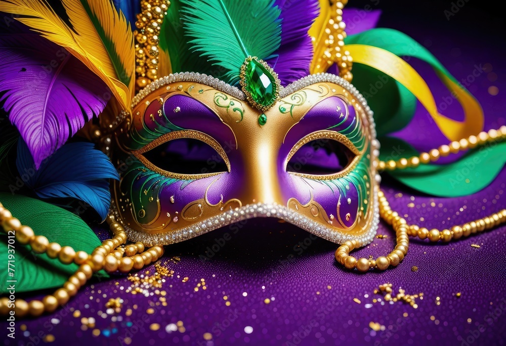 The vibrant energy of a Mardi Gras celebration fills the background, alive with colors, music, and revelry