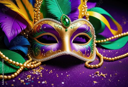 The vibrant energy of a Mardi Gras celebration fills the background, alive with colors, music, and revelry