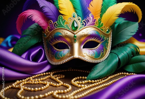 The vibrant energy of a Mardi Gras celebration fills the background, alive with colors, music, and revelry
