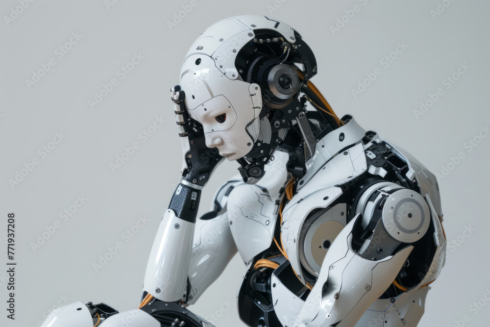 A humanoid robot in contemplation on a white background A humanoid robot in contemplation on a white background