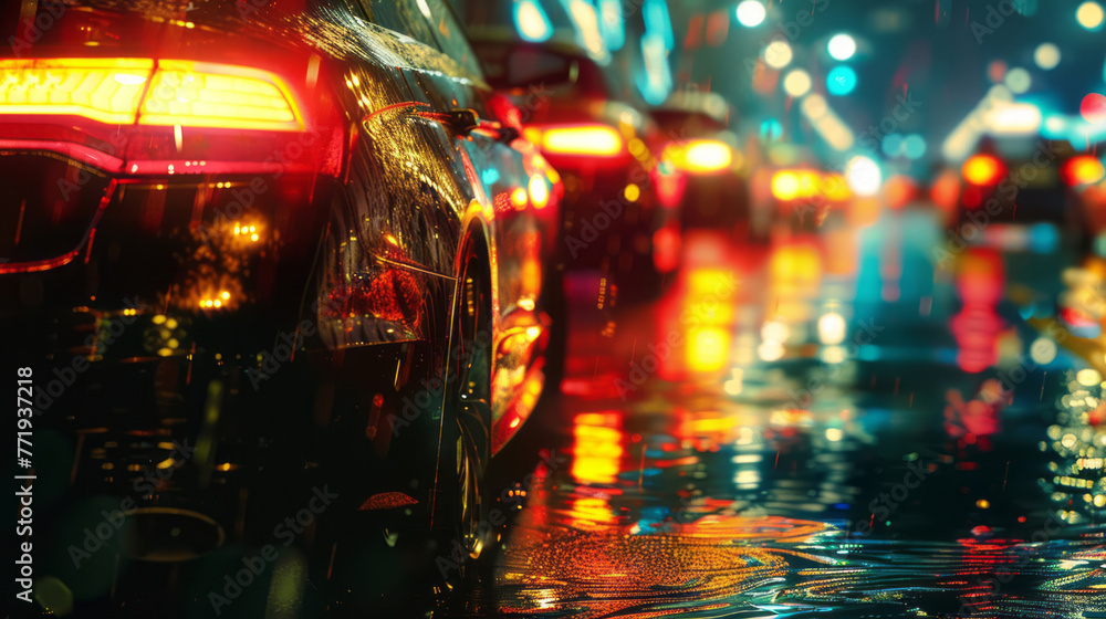 A traffic jam on a wet road with cars waiting, in a style of backlit photography with streamlined forms.
