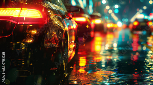 A traffic jam on a wet road with cars waiting, in a style of backlit photography with streamlined forms.