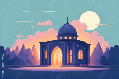 illustration A mosque illuminated in the twilight 
