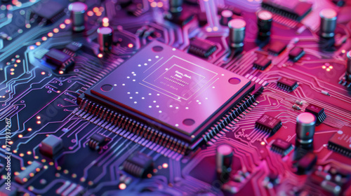 A smart CPU on an electronic circuit board, featuring colorful imagery. photo