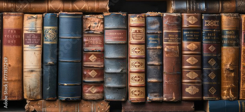 Many old books on a shelf in an old shabby library, depicted in a science-based style.