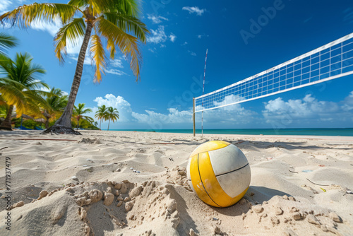 Foreground showcasing a volleyball on a sandy beach, with a volleyball net and palm trees in the background on a sunny day