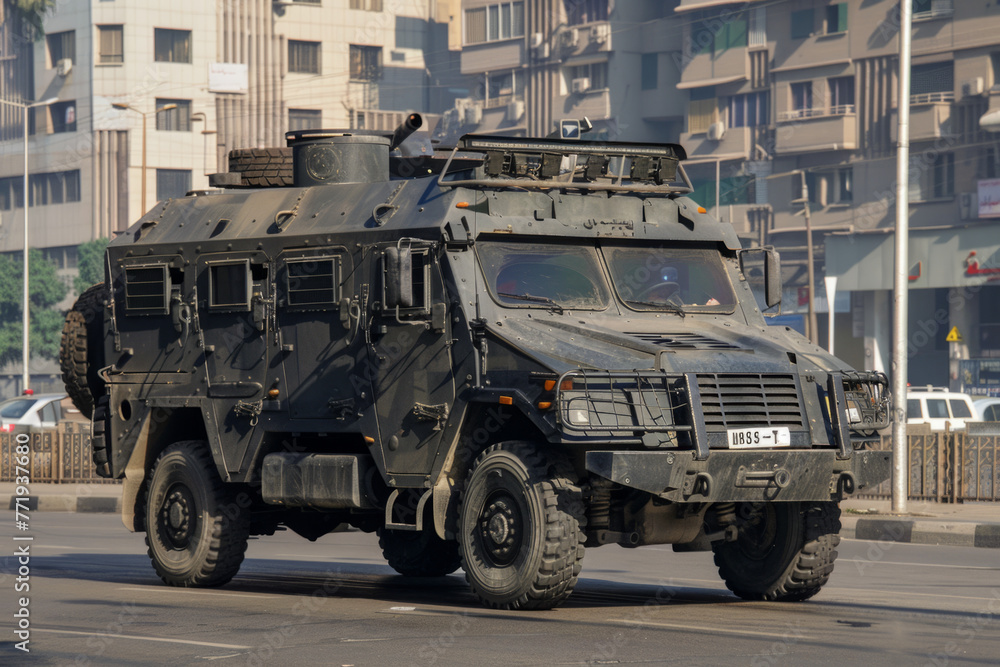 An armored truck vehicle used by SWAT (Special Weapons and Tactics)