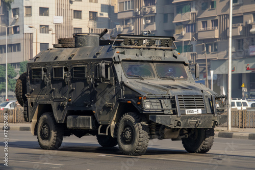 An armored truck vehicle used by SWAT (Special Weapons and Tactics)