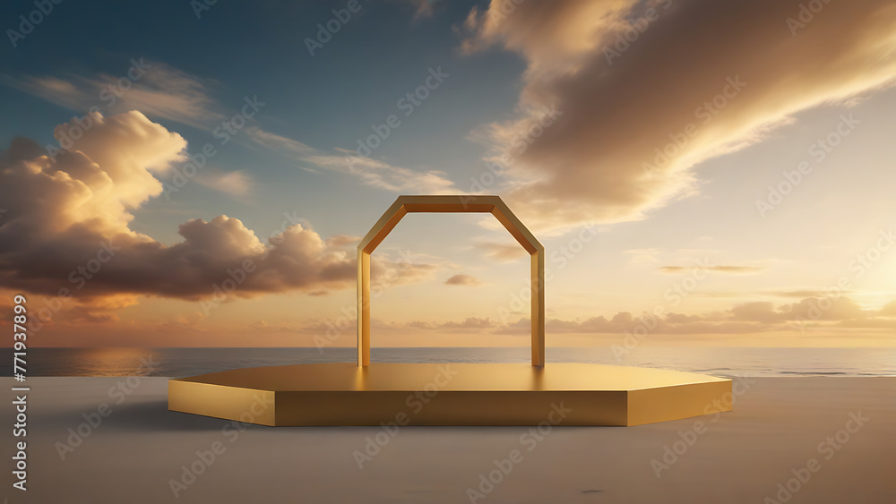 Empty product podium with golden metal elegant set against a sunset beach scene with some clouds in the sky, Empty product podium with golden metal elegant set against a sunset beach scene with some clouds in the sky,