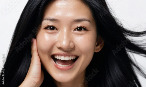 A portrait of smiling women with black long hair 