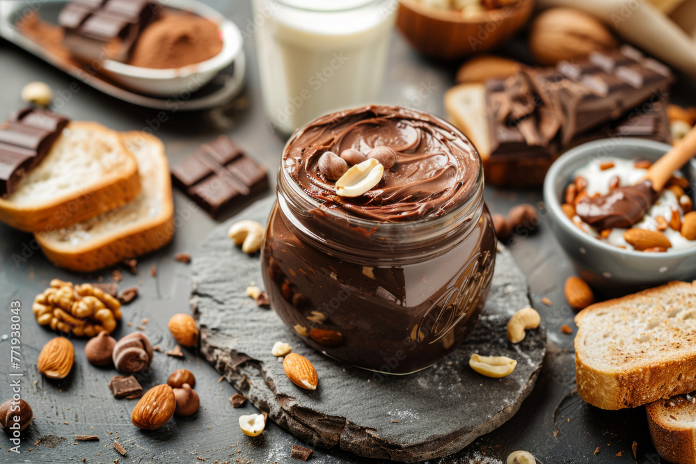 A container of chocolate spread with a buttered toast, nuts, and milk A container of chocolate spread with a buttered toast, nuts, and milk