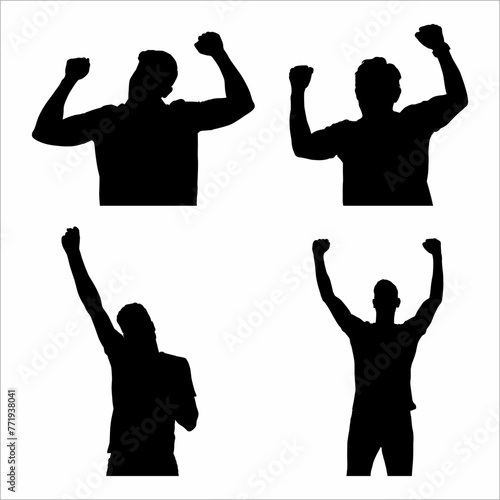 Collection of silhouettes of a man raising his hand, happy, successful, music, disc jockey, music hall
