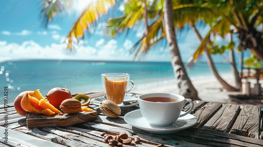 Portrait of a plate of fresh breakfast with sea view under palm tree in front of resort with a big empty space for text or product, Generative AI.