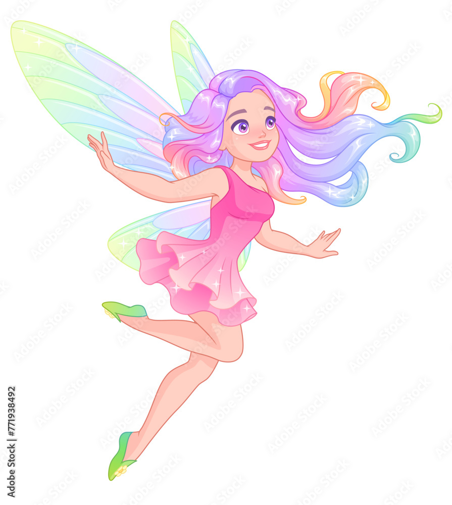 Beautiful flying fairy with wings and rainbow hair. Vector illustration.