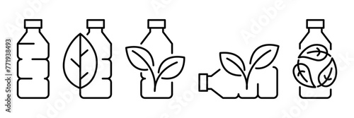 Recycle plastic bottle icon line with green leaves. Set of symbols and signs for design of recycle label products.	