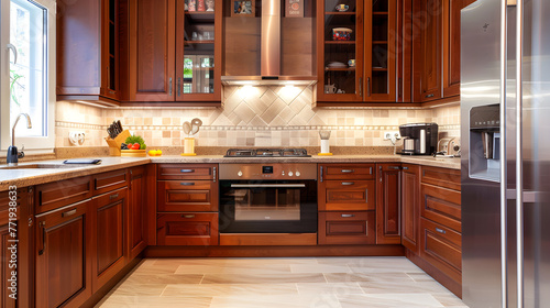 Modern Kitchen Showcasing Elegant Wooden Cabinet Installation and Ample Storage Space
