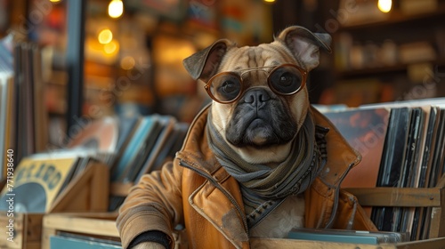 A stylish pug dog in a leather jacket and glasses browses through vinyl records, showing off a classic music enthusiast's flair. © Papatsorn