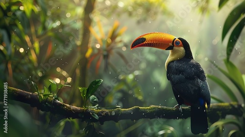 Portrait of a Toucan tropical bird sitting on tree brunch among jungle with a big space for text or product  Generative AI.