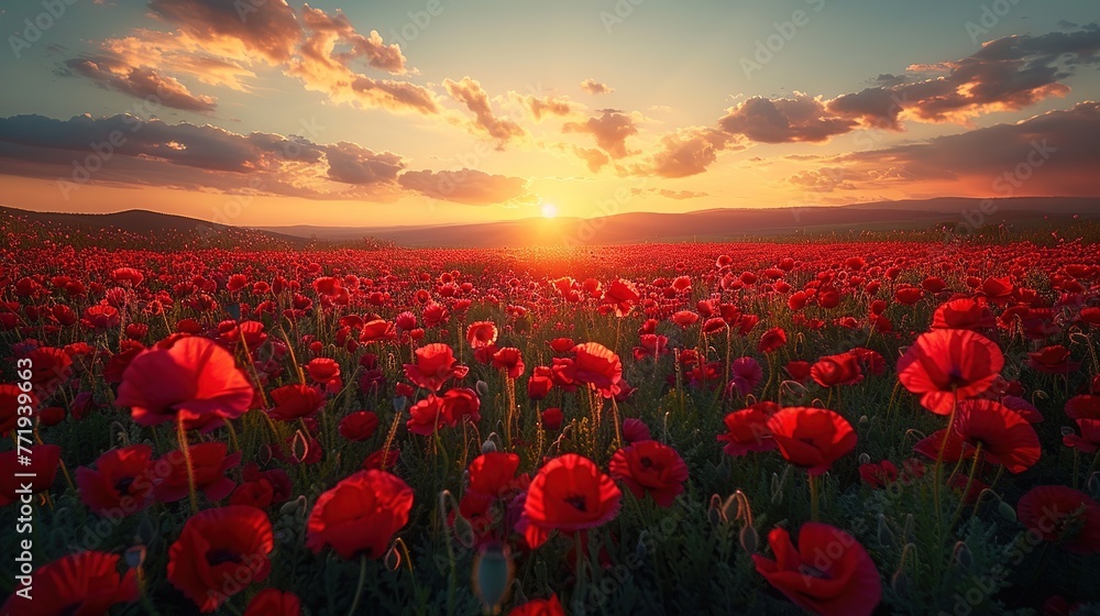 Breathtaking landscape of a poppy field at sunset with the sun dipping low on the horizon - Generative AI