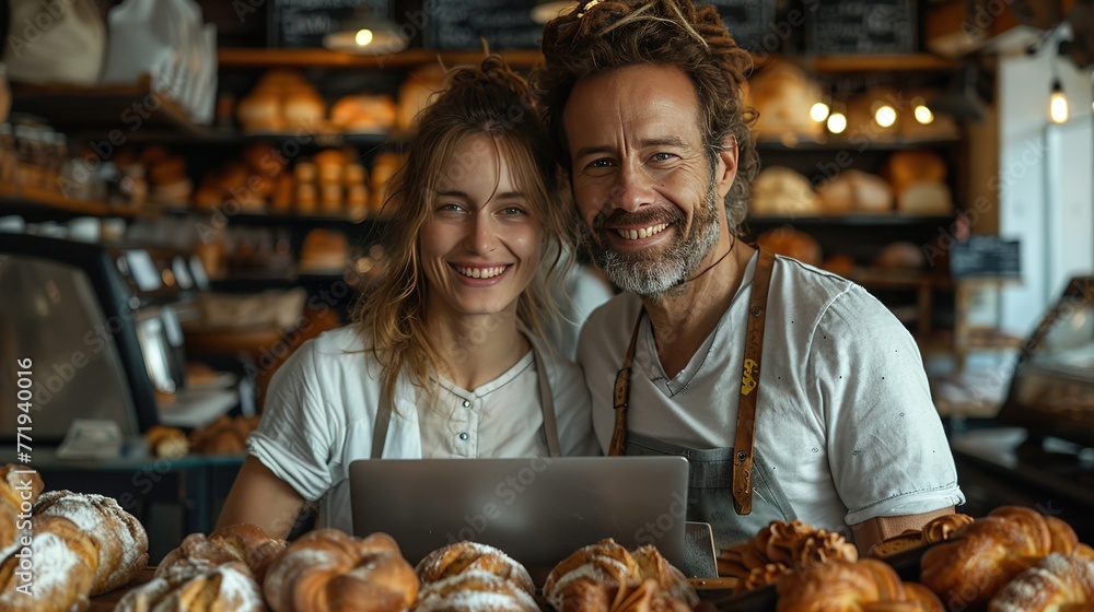 Cheerful bakery owners working with laptop - Generative Ai