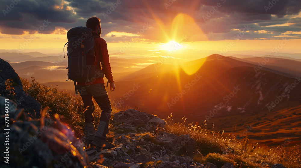 A hiker on the top of mountain. A hiker on the top of mountain.