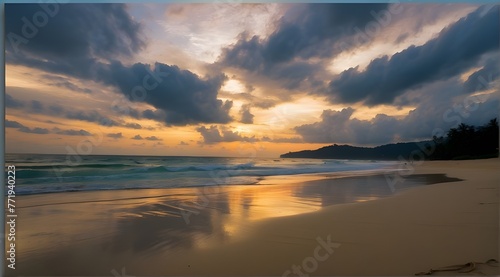 Phuket beach sunset, Thailand, Asia, with a beautiful, overcast dusk sky reflecting on the sand and a view of the Indian Ocean. © Malik