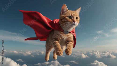 cat in red superhero cape flying in the sky