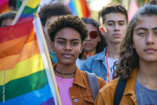 Multiracial gay people having fun at pride parade with LGBT flags, lesbian girl
