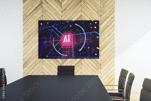 Creative artificial Intelligence abbreviation on presentation monitor in a modern boardroom. Future technology and AI concept. 3D Rendering © Pixels Hunter