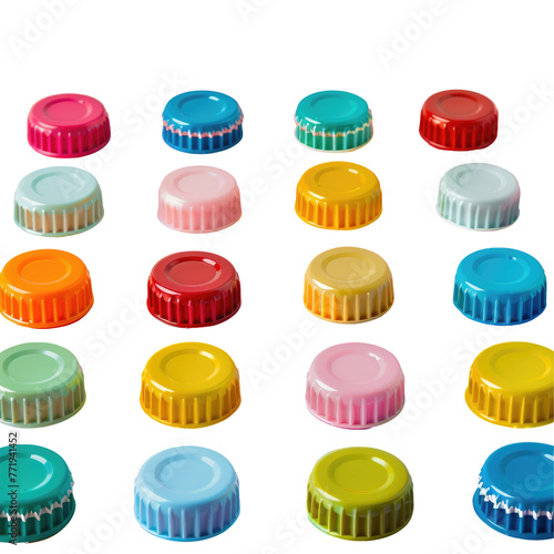 Colorful bottle caps on transparent background resemble a vibrant light display
