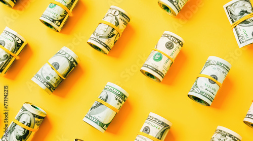 Us money rolls in circles Fastened with colorful rubber bands, arranged in rows on a yellow background photo