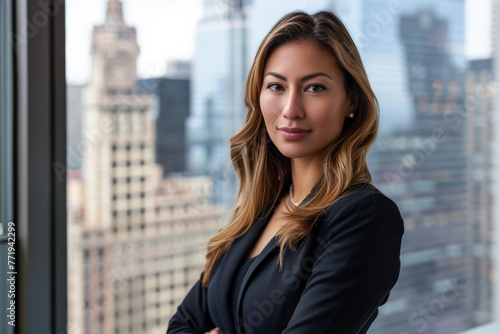 Confident businesswoman portrait at her office, looking at the camera