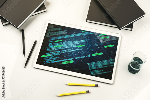 Modern digital tablet screen with abstract graphic coding sketch, big data and networking concept. Top view. 3D Rendering