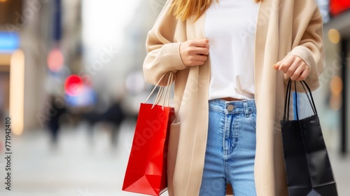 Close up of a woman holding shopping bags, wearing a beige cardigan and blue jeans in the city center on a blurred background with copy space for text or a product banner