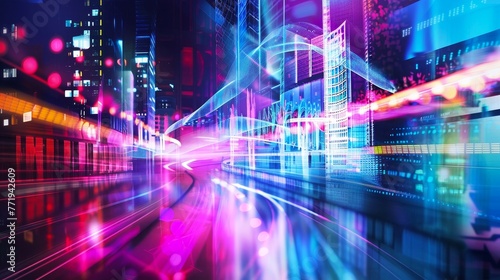 Digital abstract background with blurred cityscape and glowing neon light trails, representing the fast paced nature of digital marketing in urban environments in the style of modern digital art