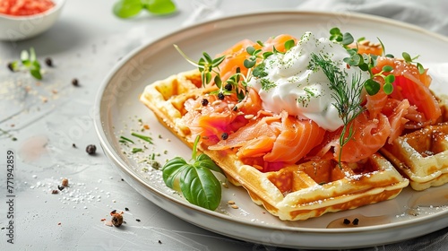 Top view of breakfast waffles with salmon and cream kept on a white backdrop with a big space for text or product, Generative AI
