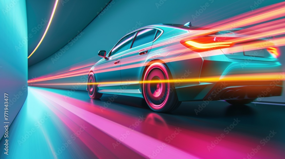 Futuristic car speeding, colorful light trails, dynamic movement.