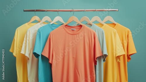 Colorful t-shirts on hangers, blue background. © Archil