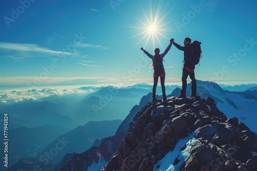 A couple holding hands on the summit of a mountain, celebrating victory. Generative Ai