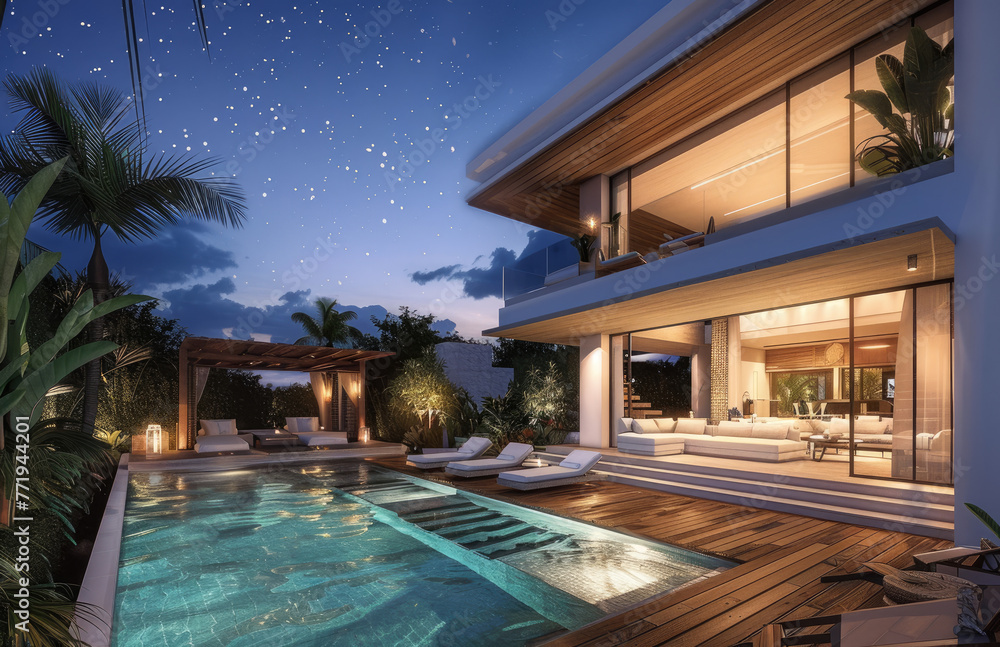 Modern and luxurious two-story villa with wooden floors and a swimming pool in the courtyard of Bali at night