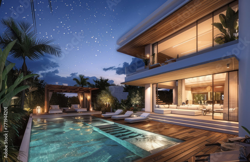 Modern and luxurious two-story villa with wooden floors and a swimming pool in the courtyard of Bali at night © Kien