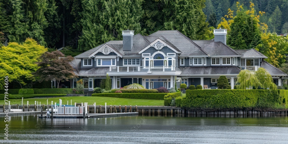 A luxurious waterfront mansion with a private dock and lush landscaping. 