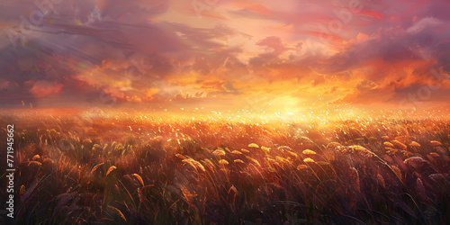Sunset over a filled green grass , meadow field bathed in the warm hues of the sunset. Convey the serene beauty of nature at its golden hour background and wallpaper 