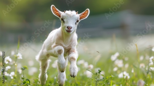 Captivating close-up of a playful baby goat (kid) joyfully frolicking in a lush green field, emanating the innocence and happiness characteristic of farm animals.