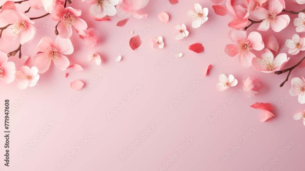 Delicate cherry blossoms on pink background - Cherry blossoms scatter across a soothing pink backdrop, symbolizing the fleeting beauty of life